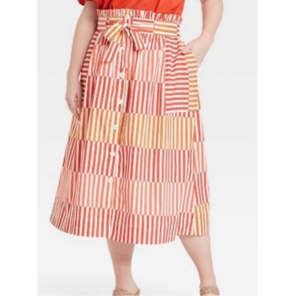 Who What Wear Geometric Coastal Pristine Paper Bag Button Front Midi Skirt XL